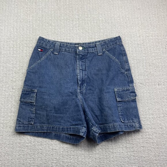 VTG 90s Tommy Hilfiger Cargo Shorts Wom 12 Blue Denim Carpenter Jean Canada Made - Picture 7 of 12